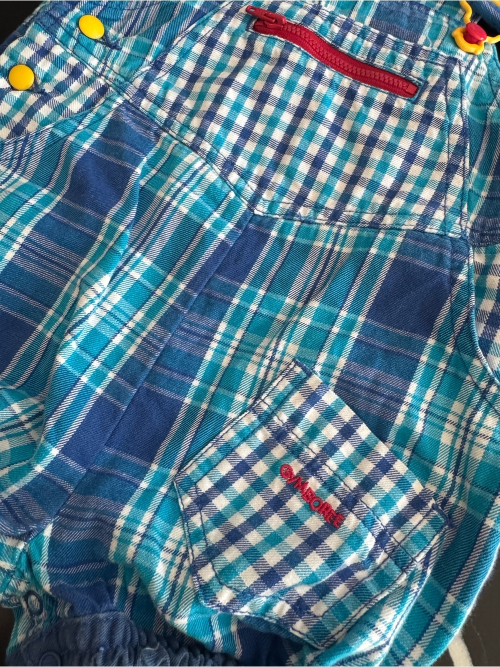 Vintage Gymboree Blue Plaid Overalls with Yellow Button Accents - Picture 2 of 8